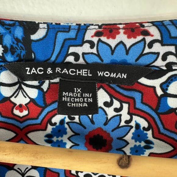 Zac & Rachel Popover Top Womens 1X Geometric Floral Boho Retro Hippie Roll Tab - Picture 2 of 7